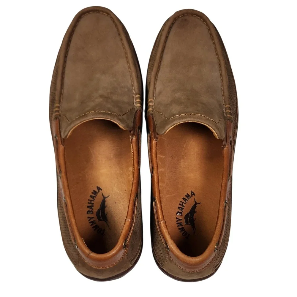 Tommy Bahama Men's 10M Dark Olive Nubuck Leather Slip On Loafers Boat Shoes